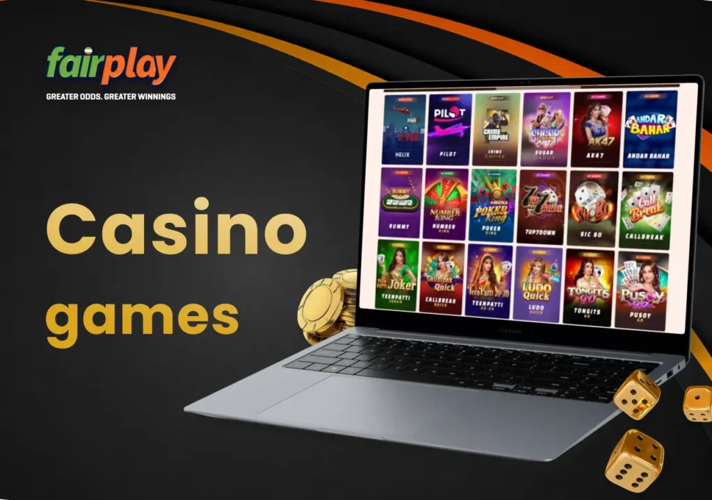 FairPlay casino games page displayed on a laptop with dice and casino chips nearby.
