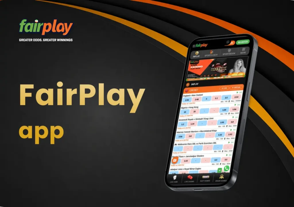 FairPlay app homepage displayed on a smartphone with navigation and betting features visible.