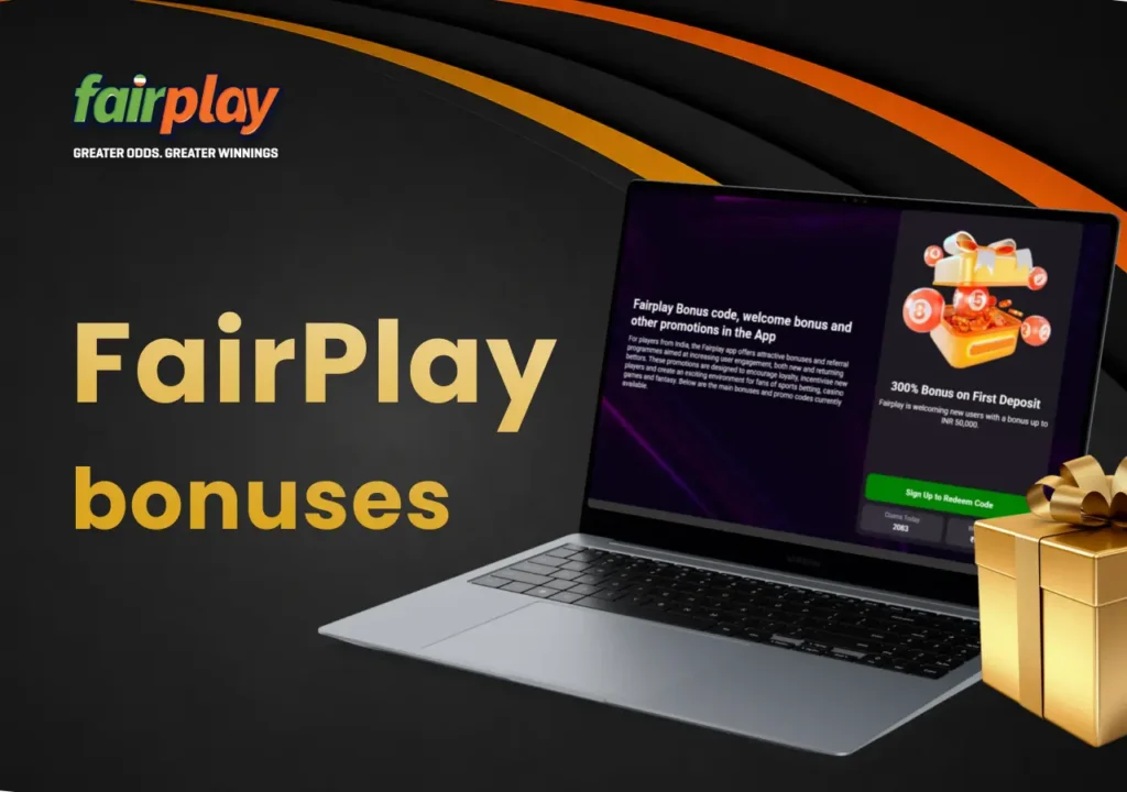 FairPlay bonus page displayed on a laptop with a gift box placed beside the screen.