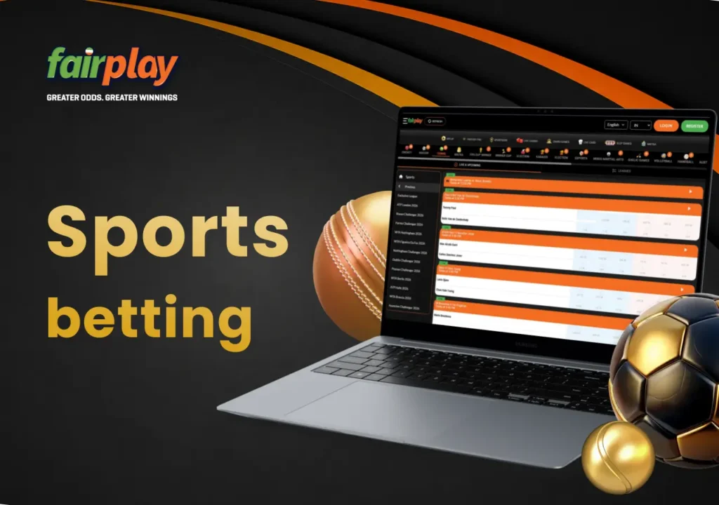 FairPlay sports betting page displayed on a laptop with various sports balls placed nearby.